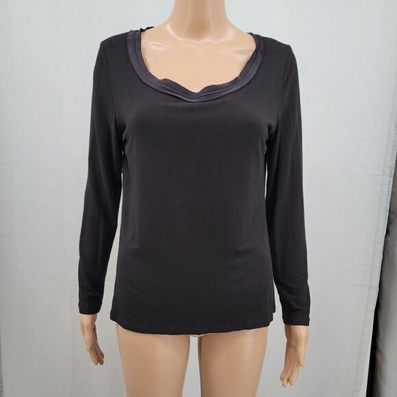 Lafayette 148 Black Scoop Neck Long Sleeve Tee Top Elevated Basic Blouse - Picture 1 of 11